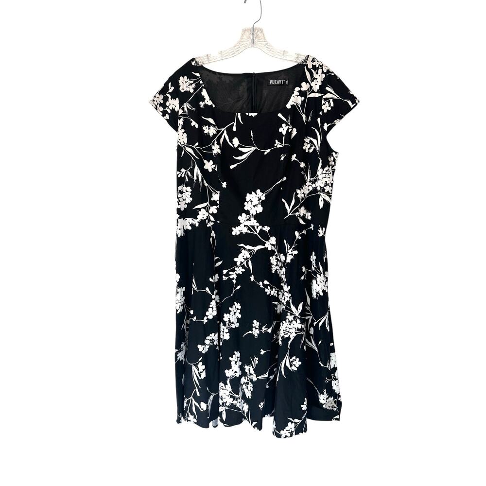 Pukavt‎ Plus Black White Floral Short Sleeve Retro Pin Up Swing Dress Size 3XL
